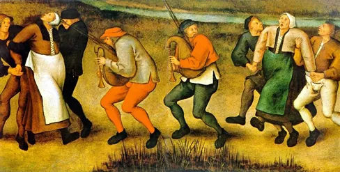 A painting shows a group of people dancing in a way that appears inconsistent and aimless.