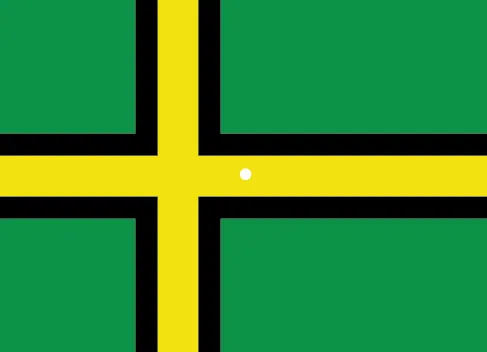 An illustration shows a green flag with a thick, black-bordered yellow lines meeting slightly to the left of the center. A small white dot sits within the yellow space in the exact center of the flag. When the instructions in the caption are followed, an after image appears in the viewer's vision with the green portions of the flag replaced with red, the black replaced with white, and the yellow replaced with blue-the flag of Norway.