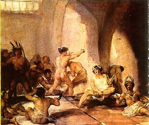 A painting depicts the inside of a mental asylum in the early 1800s. There are several nude or semi-nude individuals sitting or standing in strange positions.