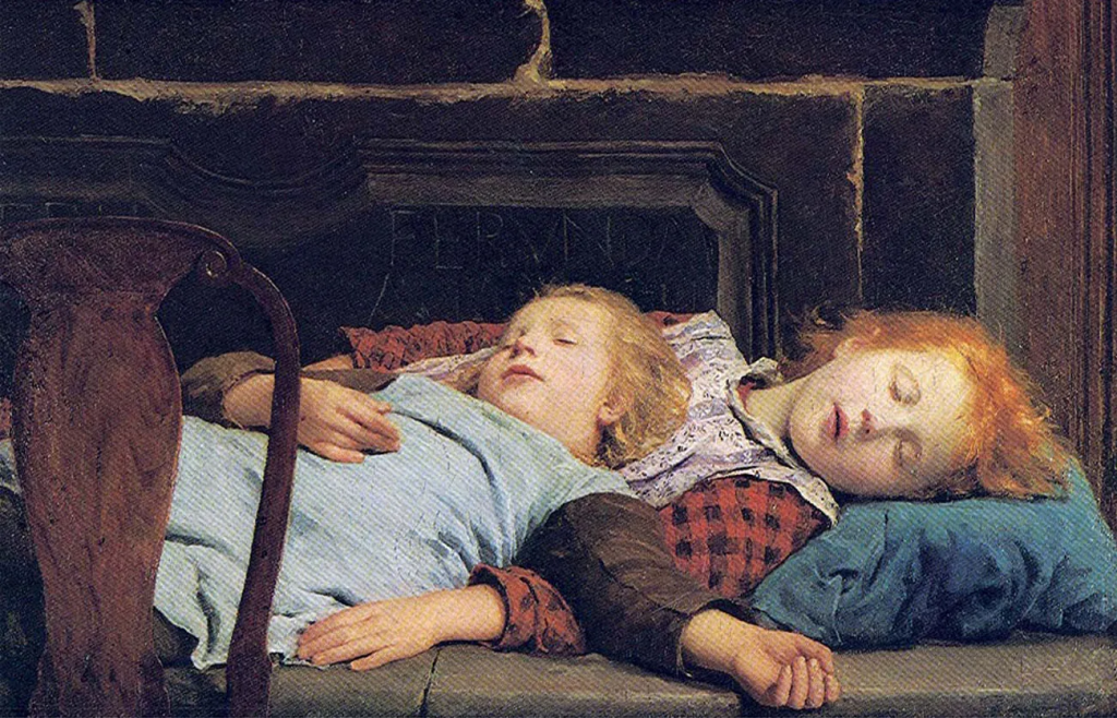 The image is a painting of two girls who have fallen asleep in a kitchen